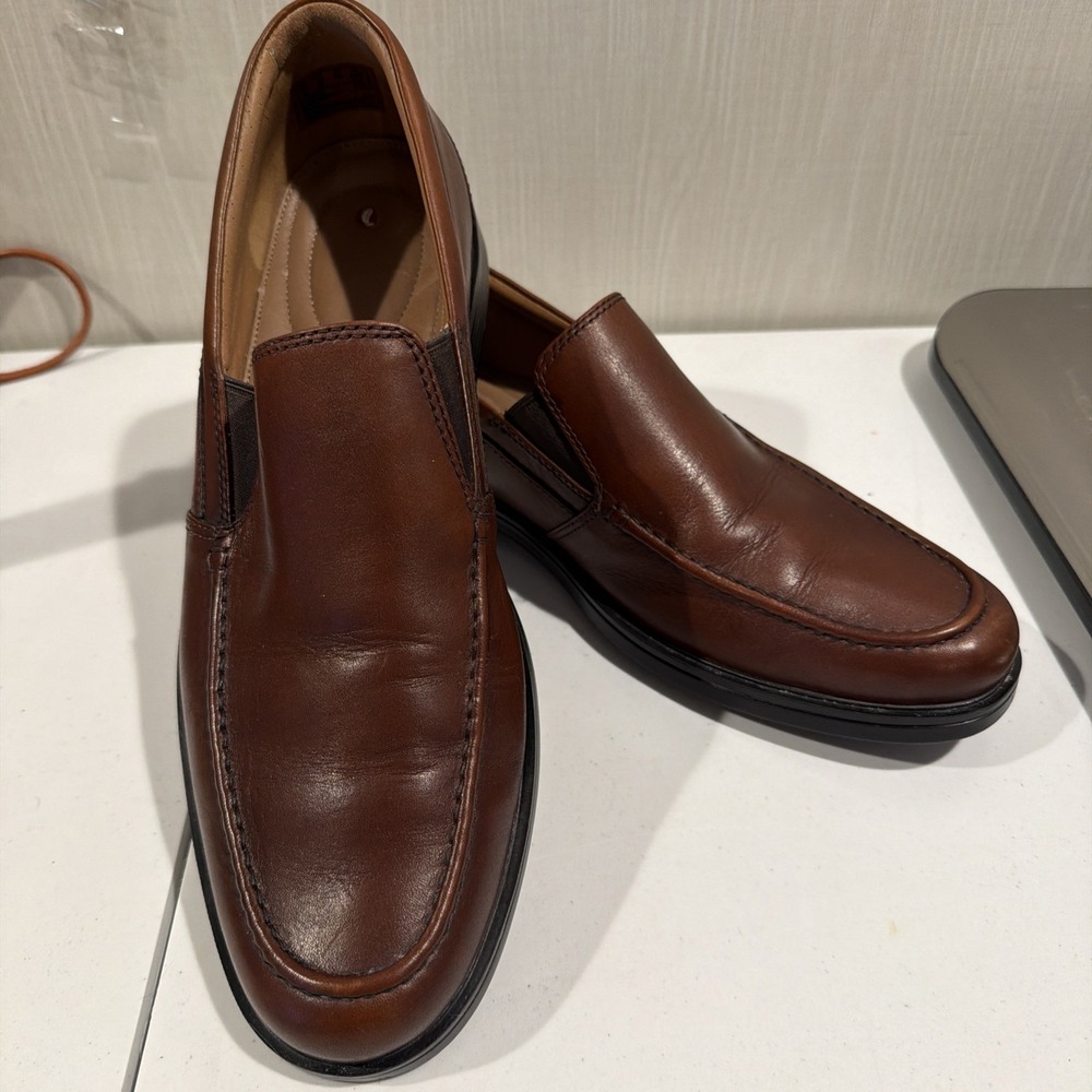 Clarks Unstructured Aldric Mens Slip On‎ Leather Loafers Dark Tan Size 12 M